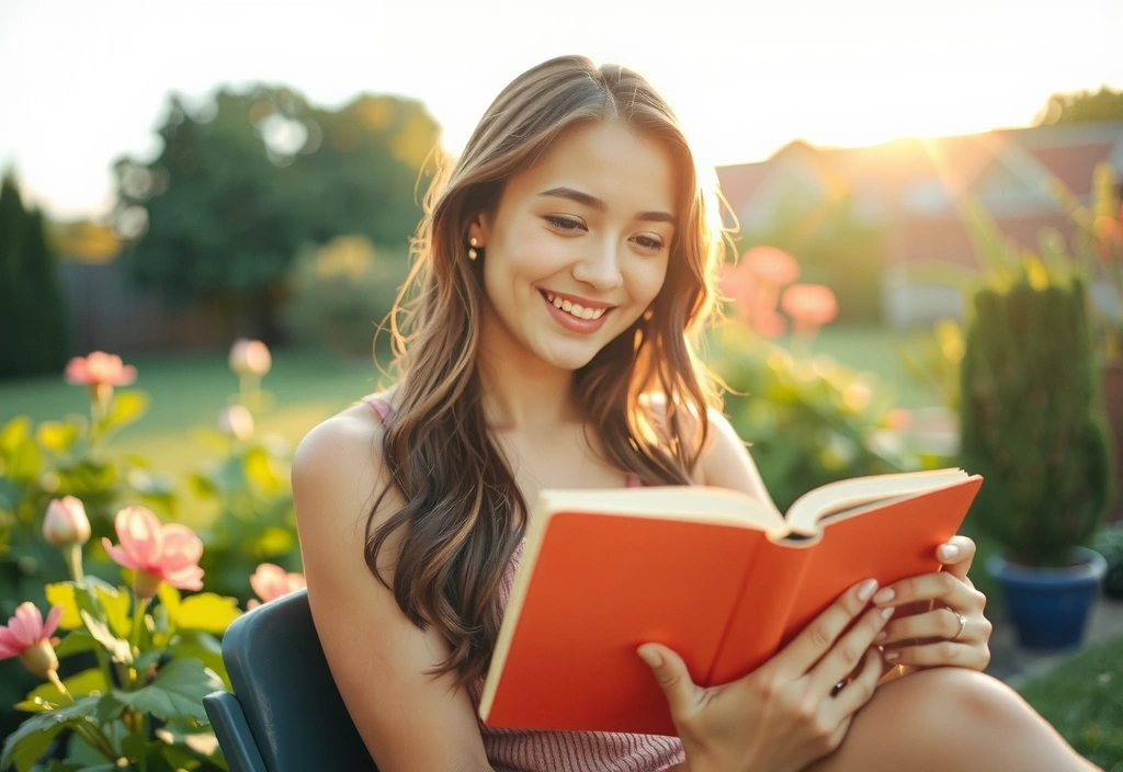 A person reading a book in a sunlit garden, enjoying nature