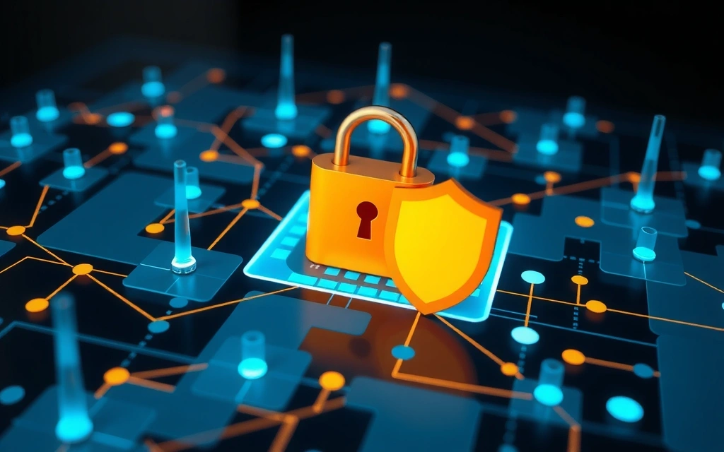 Illustration of digital security with a lock and shield icon over data