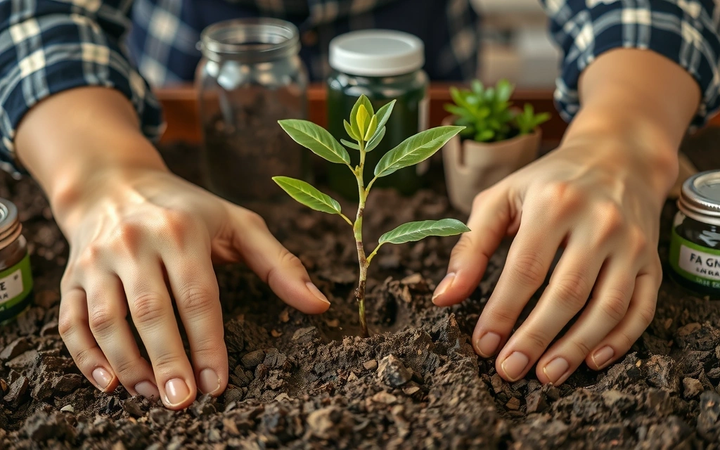 Hands planting a small green seedling in fertile soil, with a blurred background of a sustainable farm and eco-friendly packaging materials.